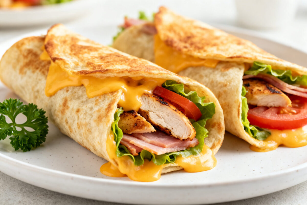 Air fryer chicken ham and cheese wraps filled with juicy chicken, savory ham, crisp lettuce, and melted cheddar cheese