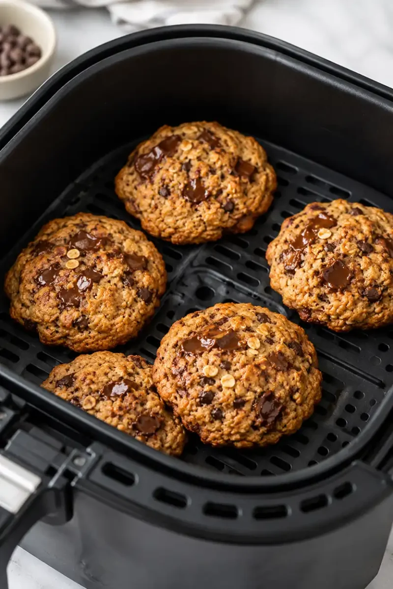 Air fryer oatmeal chocolate chip cookies with melted chocolate chunks and crispy golden edges