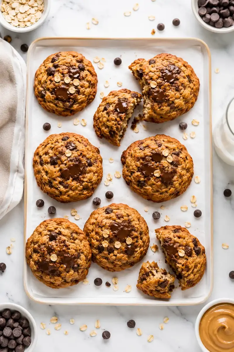 Overhead view of oatmeal chocolate chip cookies with melted chocolate chunks on a baking tray
