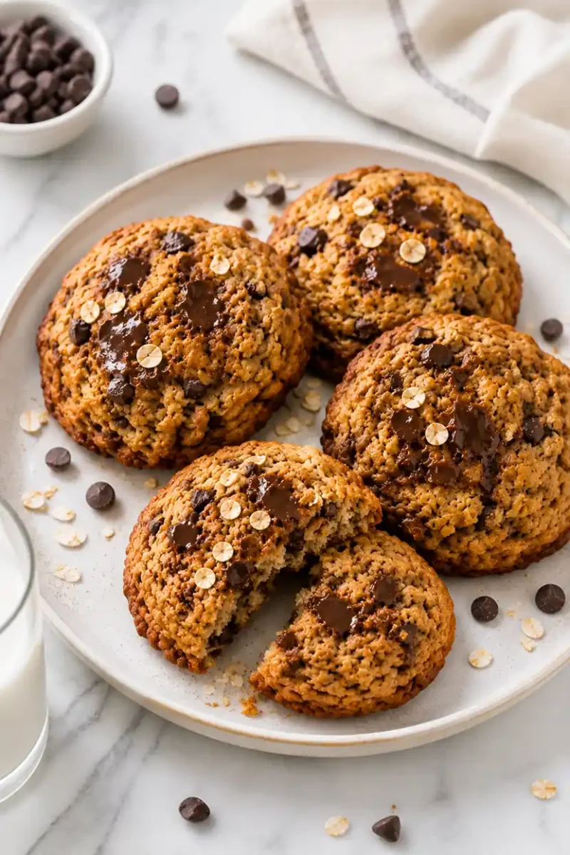 Soft oatmeal chocolate chip cookies with melted chocolate chunks served on a plate