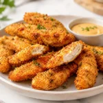 Crispy breaded chicken tenders served with creamy dipping sauce on a plate