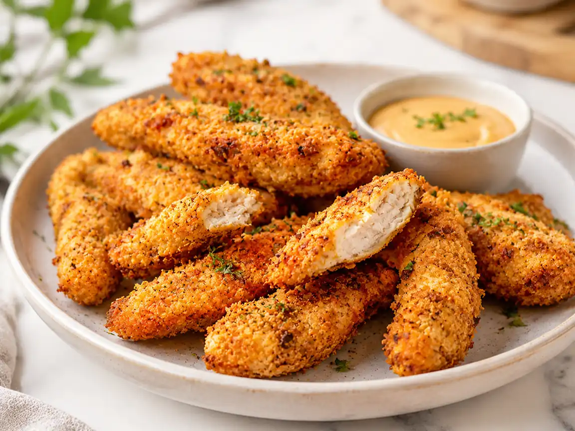 Crispy breaded chicken tenders served with creamy dipping sauce on a plate