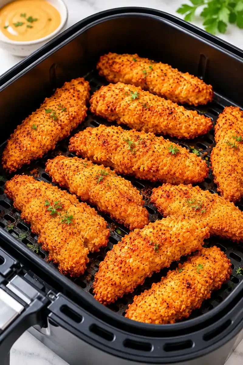 Crispy air fryer chicken tenders with golden breading and creamy dipping sauce