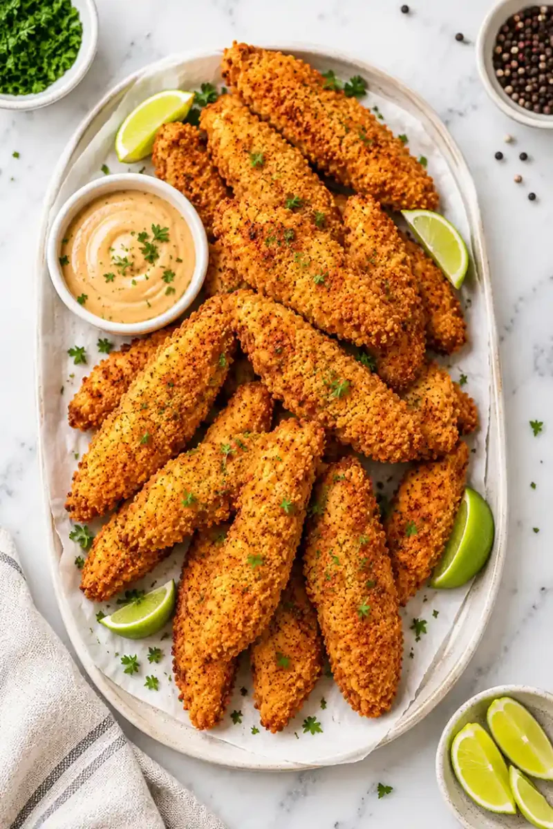 Crispy breaded chicken tenders served with creamy dipping sauce and fresh lime wedges