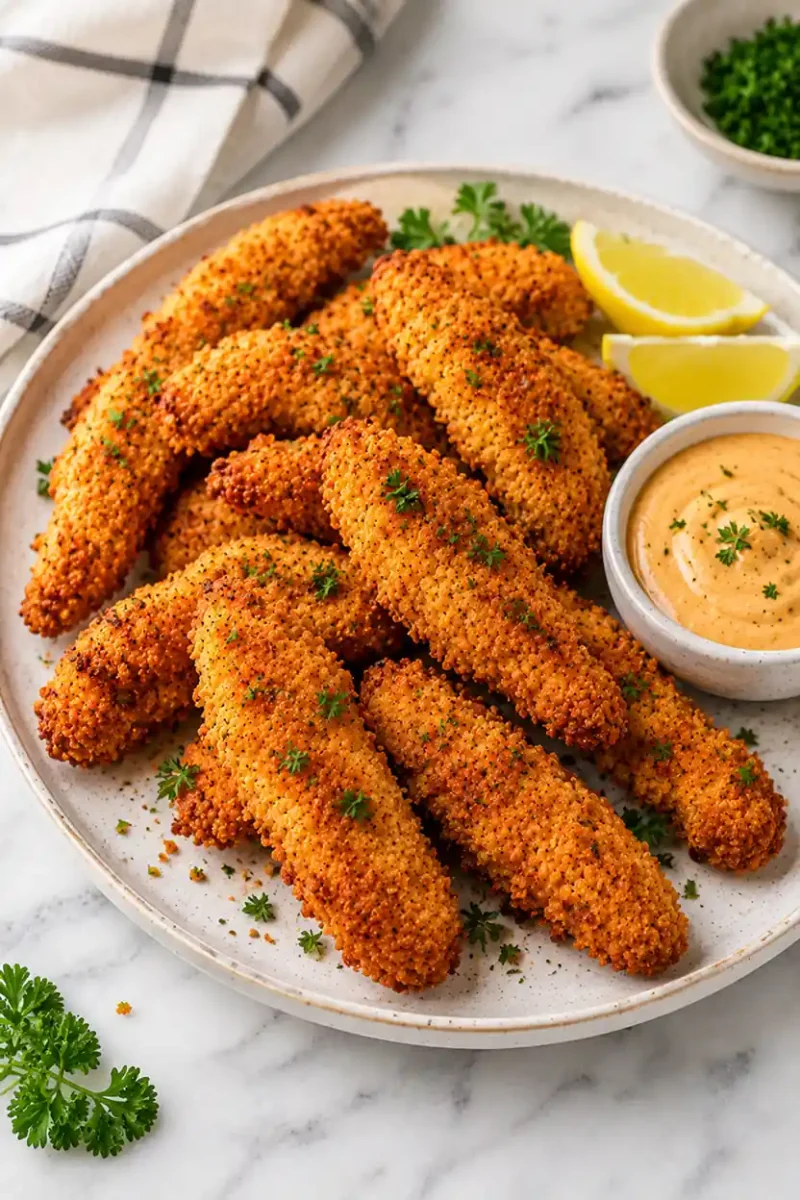 Crispy golden chicken tenders served with creamy dipping sauce and lemon wedges on a plate