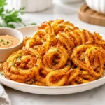 Crispy curly fries seasoned with spices and served with creamy dipping sauce on a plate