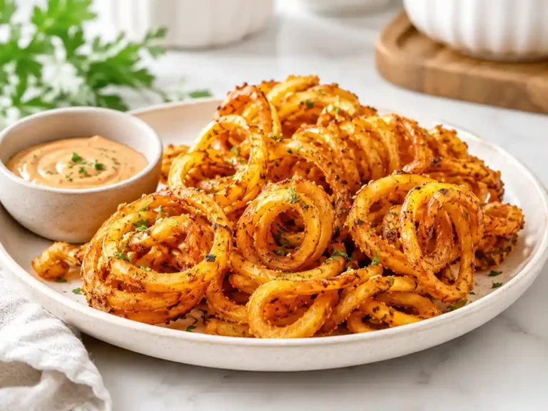Crispy curly fries seasoned with spices and served with creamy dipping sauce on a plate
