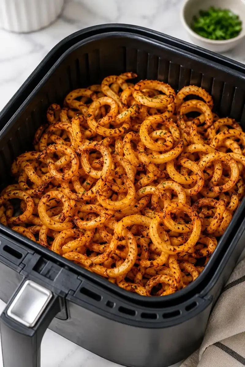 Crispy air fryer curly fries seasoned with spices inside an air fryer basket