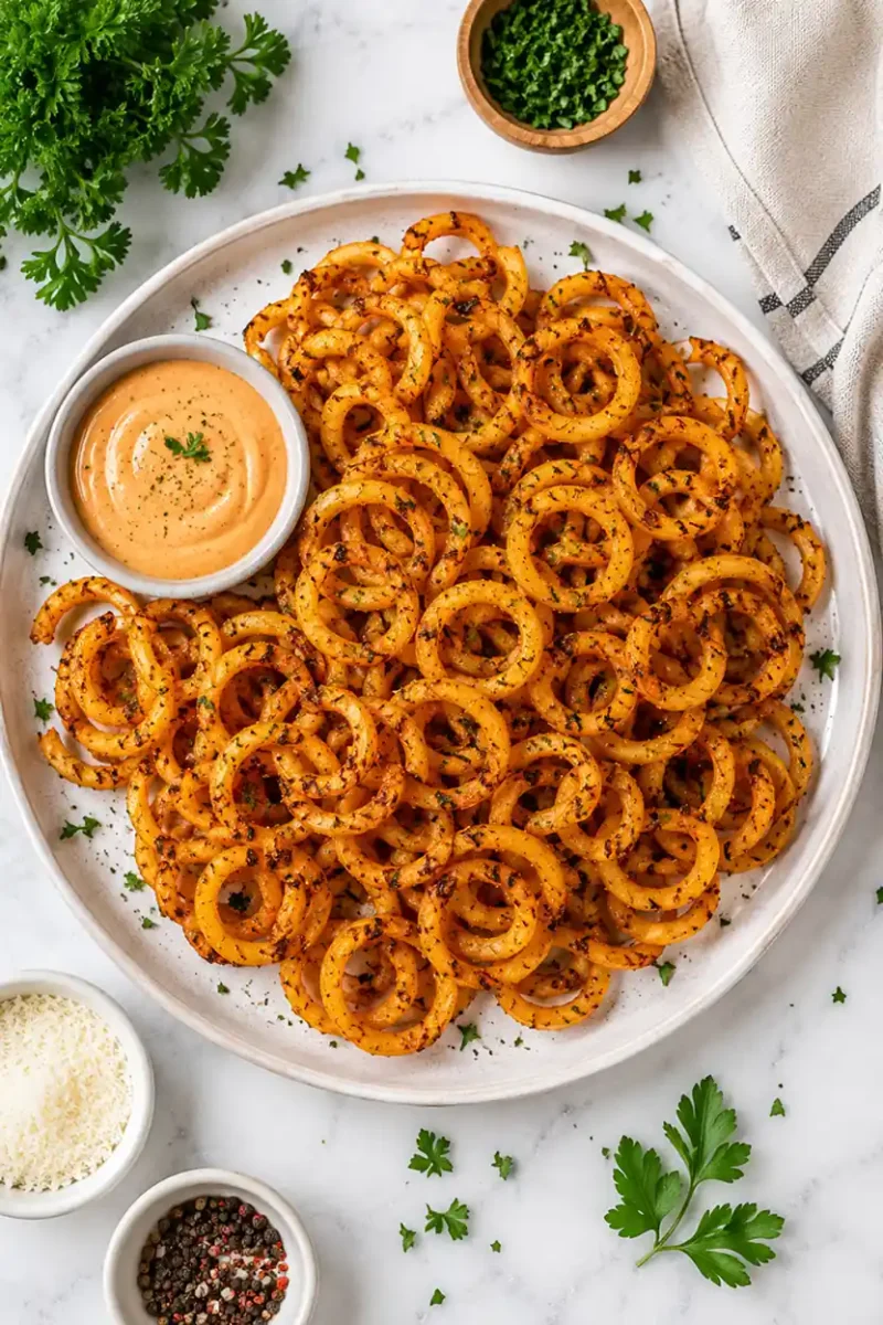 Crispy seasoned curly fries served with creamy dipping sauce on a large plate