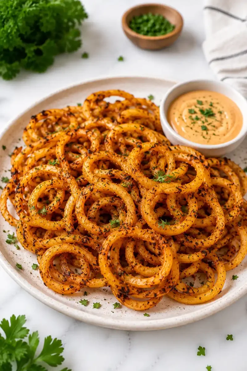 Crispy golden curly fries seasoned with spices and served with creamy dipping sauce