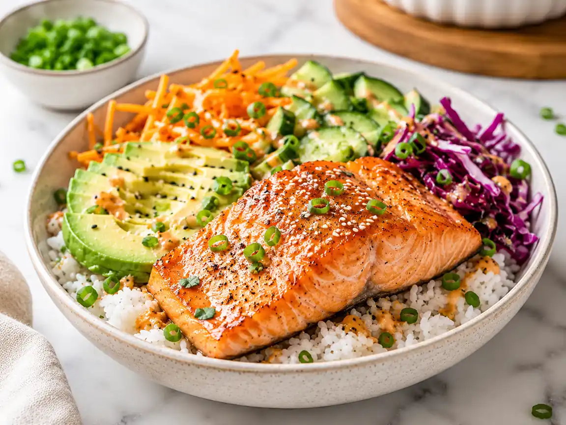 Salmon rice bowl with avocado, cucumber, shredded carrots, purple cabbage, and white rice