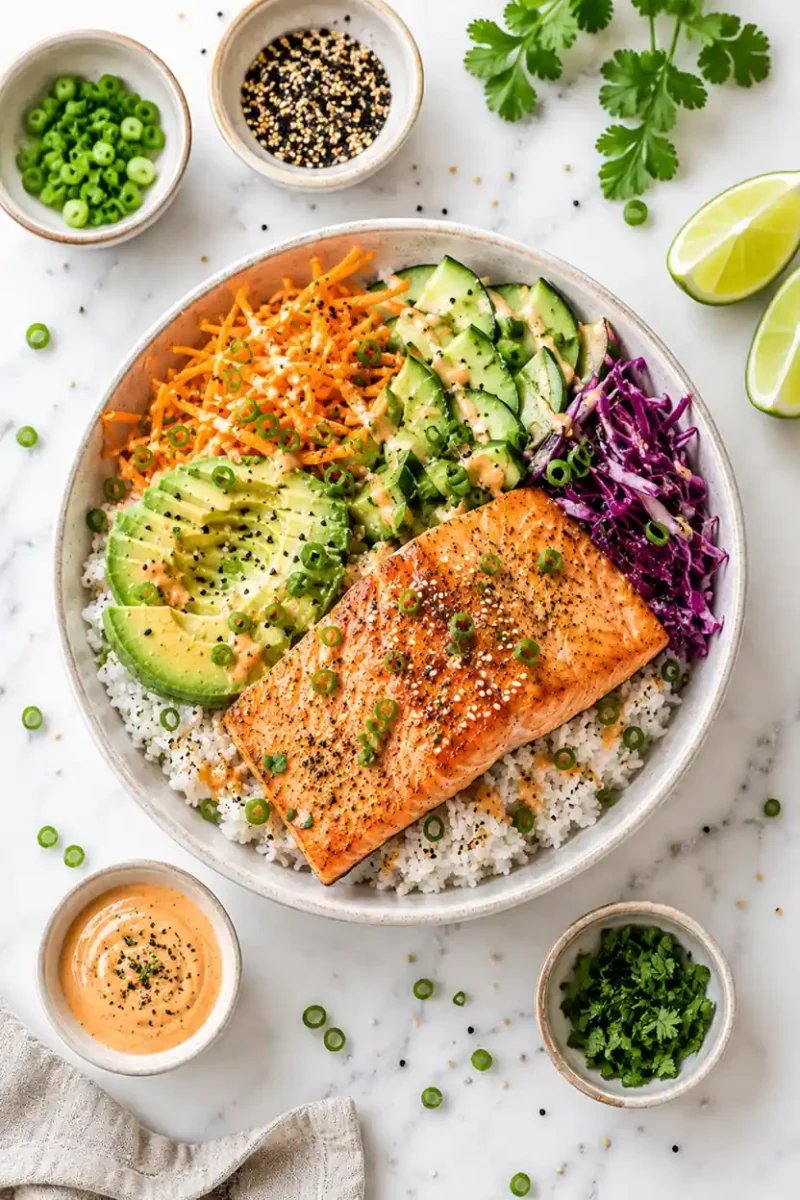 Air fryer salmon fillets seasoned with herbs inside an air fryer basket