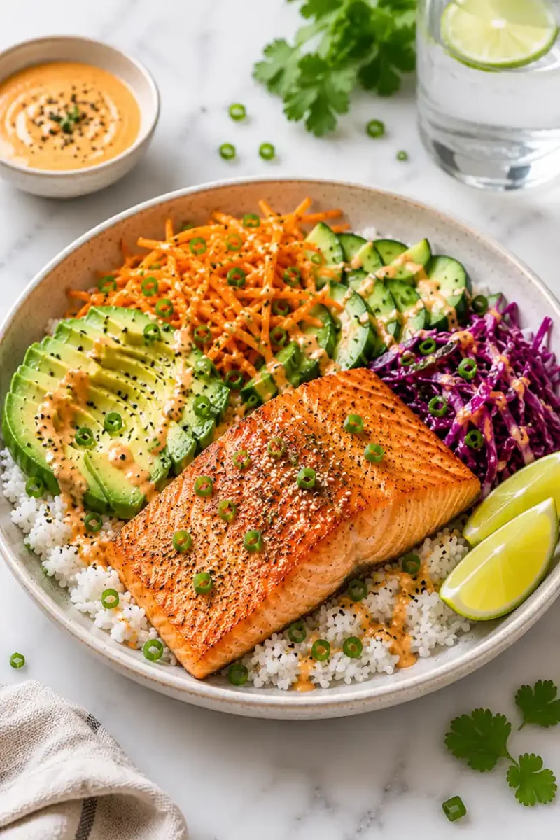 Salmon rice bowl with avocado, cucumber, shredded carrots, purple cabbage, and white rice