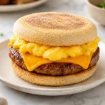 Breakfast sandwich with sausage, egg, and melted cheese on an English muffin