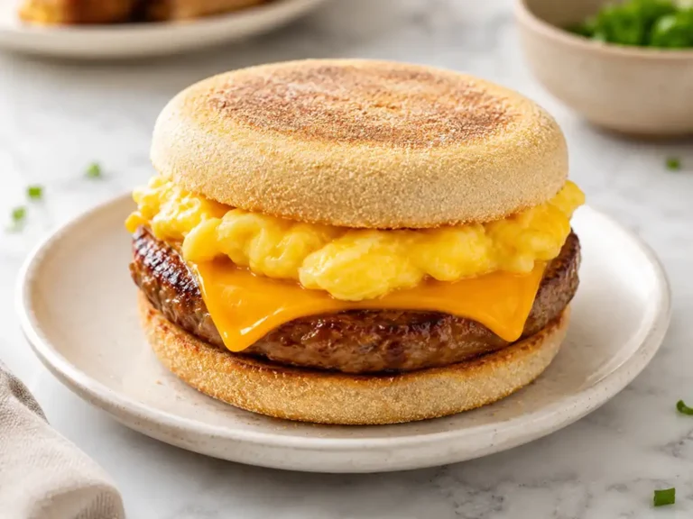 Breakfast sandwich with sausage, egg, and melted cheese on an English muffin