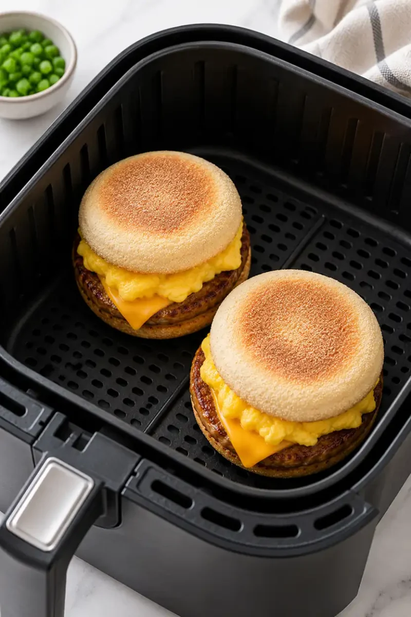 Air fryer breakfast sandwiches with sausage, egg, and cheese inside an air fryer basket