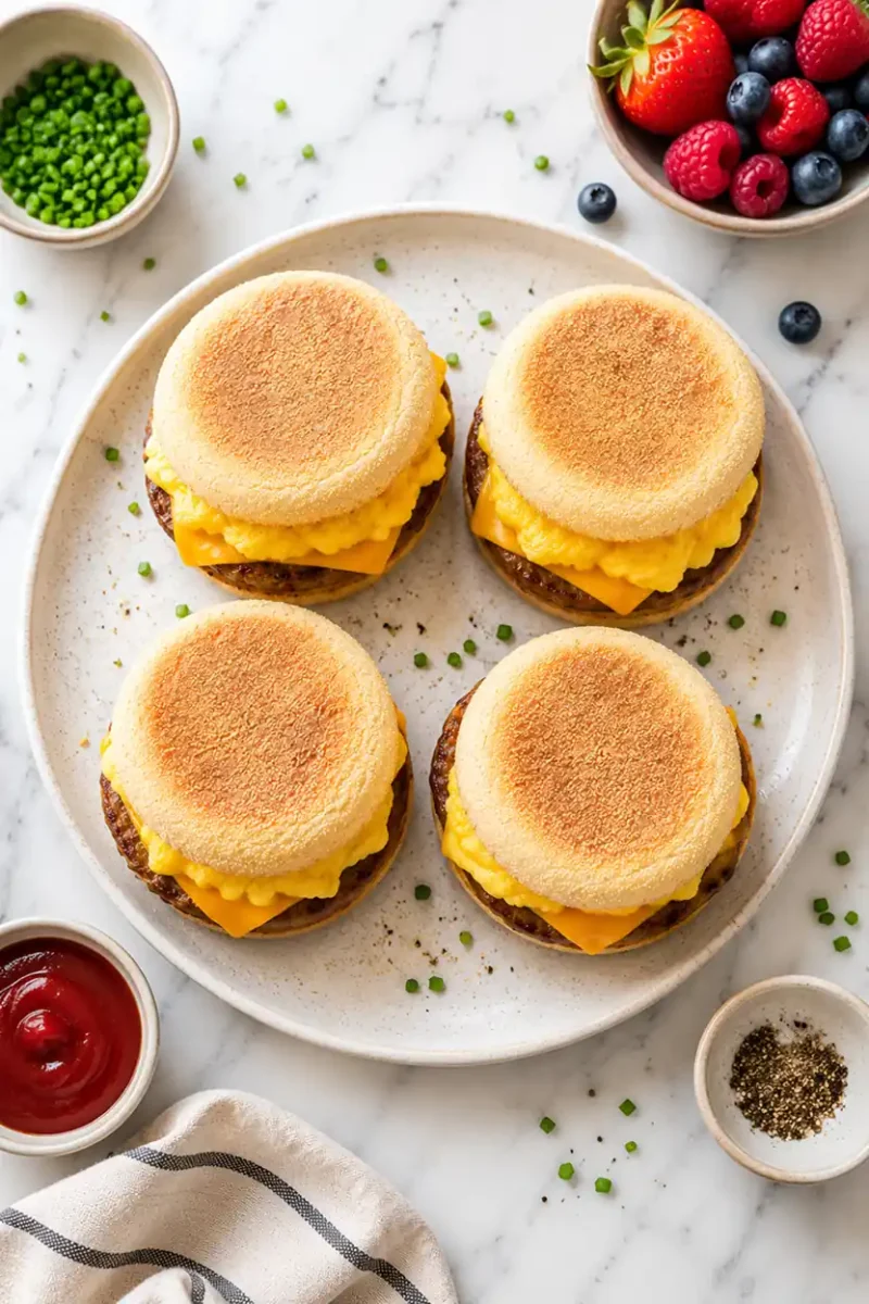 Overhead view of sausage egg and cheese breakfast sandwiches on a serving plate