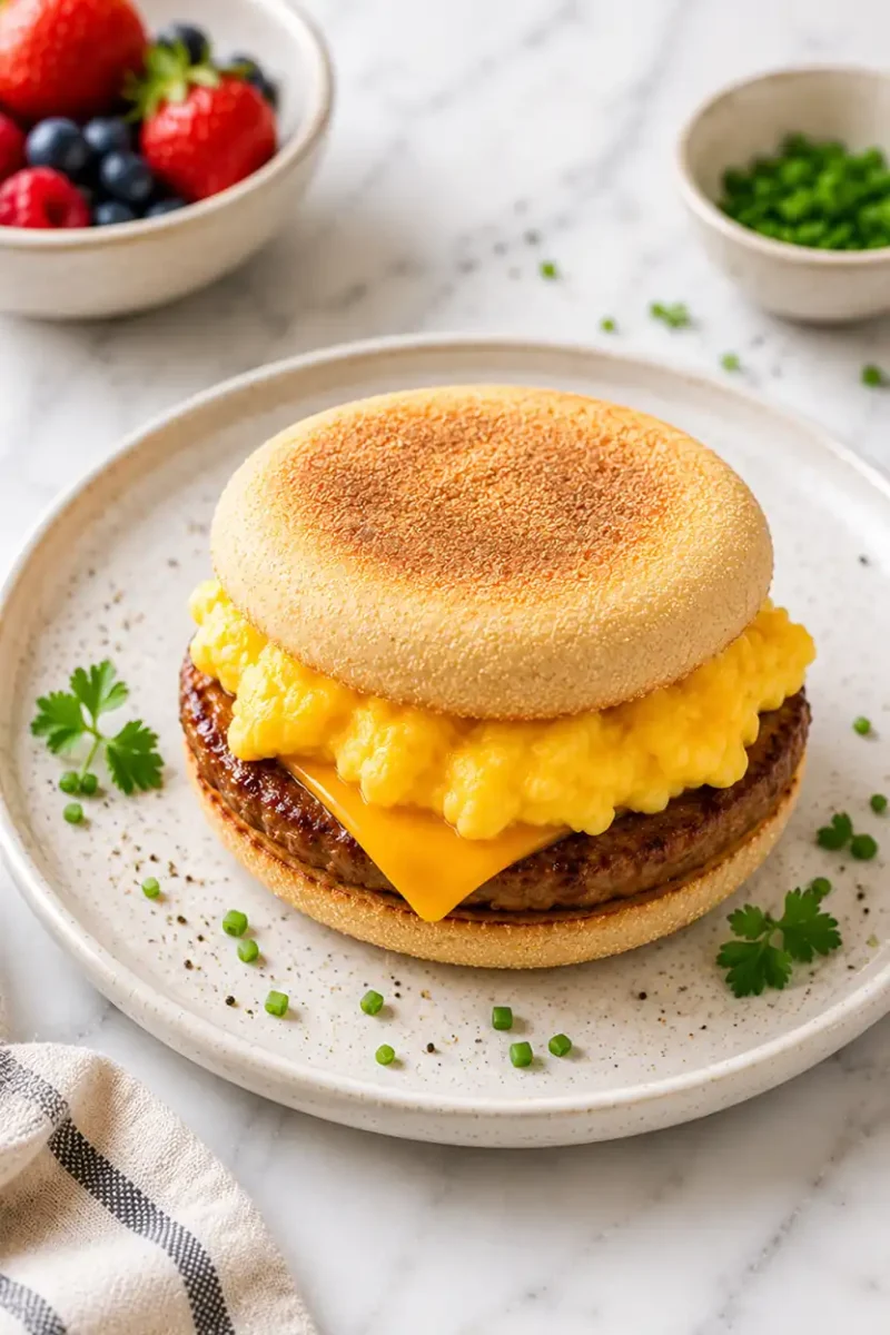 Breakfast sandwich with fluffy eggs, sausage patty, and melted cheese on an English muffin