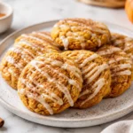 Pumpkin cookies with sweet icing drizzle served on a plate
