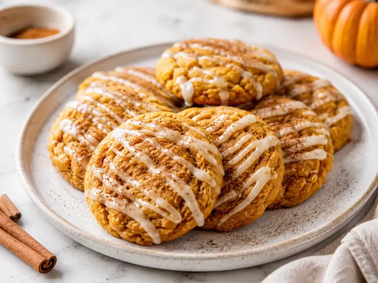 Pumpkin cookies with sweet icing drizzle served on a plate