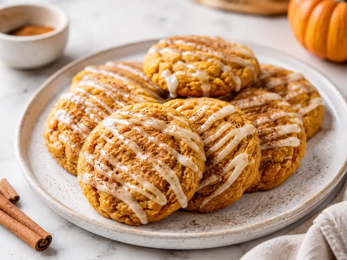 Pumpkin cookies with sweet icing drizzle served on a plate
