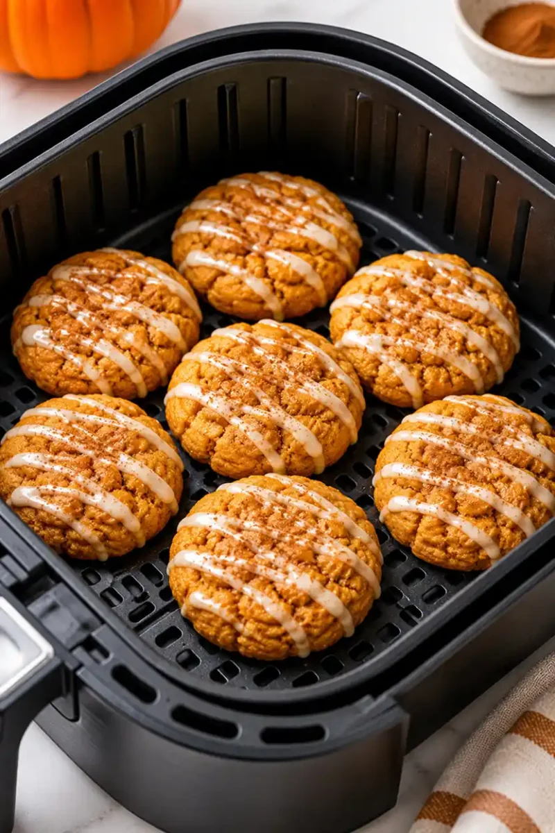 Air fryer pumpkin cookies with icing drizzle inside an air fryer basket