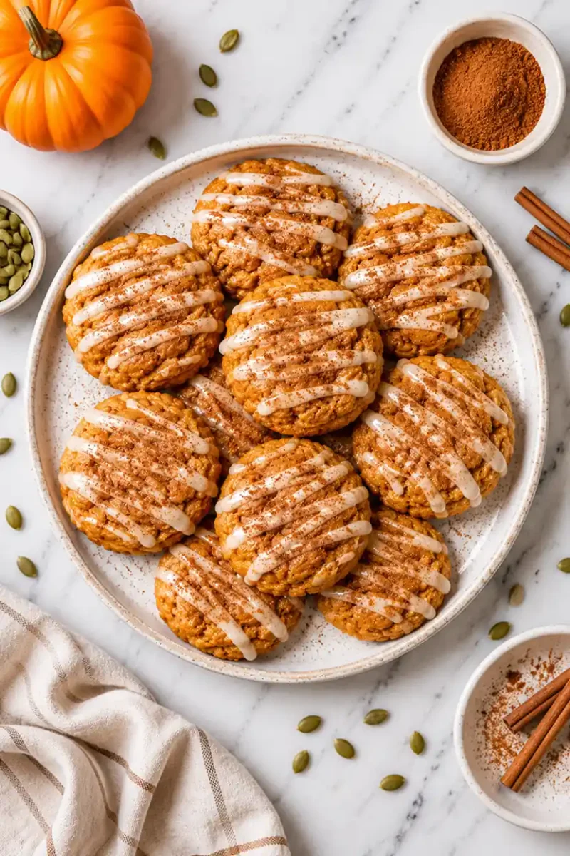 Overhead view of pumpkin cookies with icing drizzle and cinnamon on a serving plate