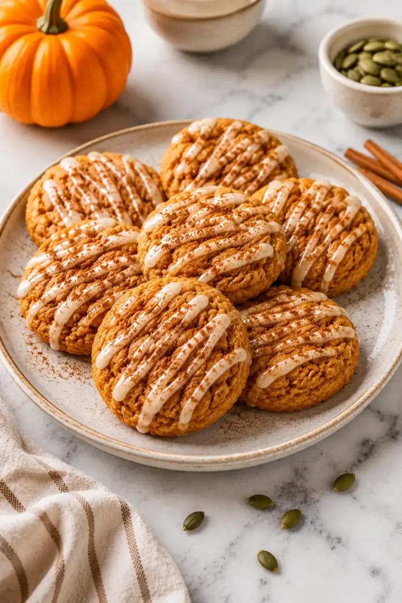 Soft pumpkin spice cookies with icing drizzle served on a marble table