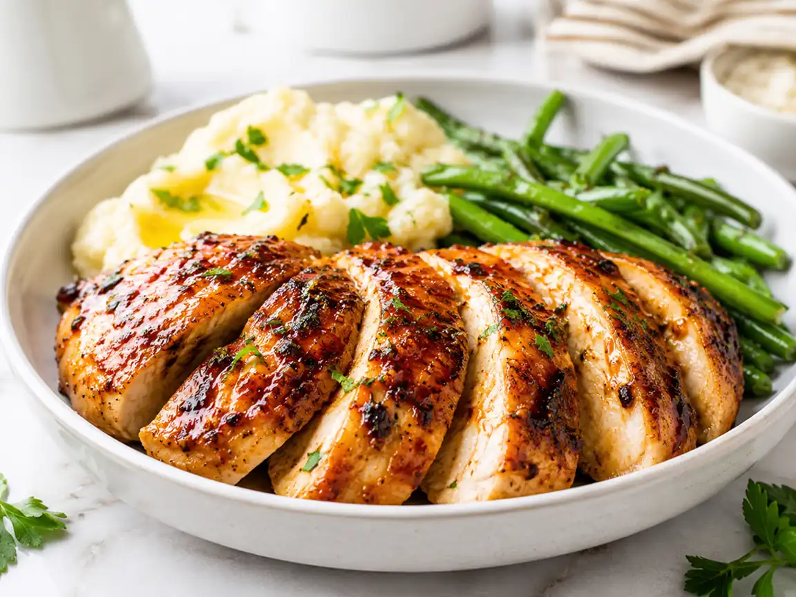 Sliced grilled chicken breast served with mashed potatoes and green beans