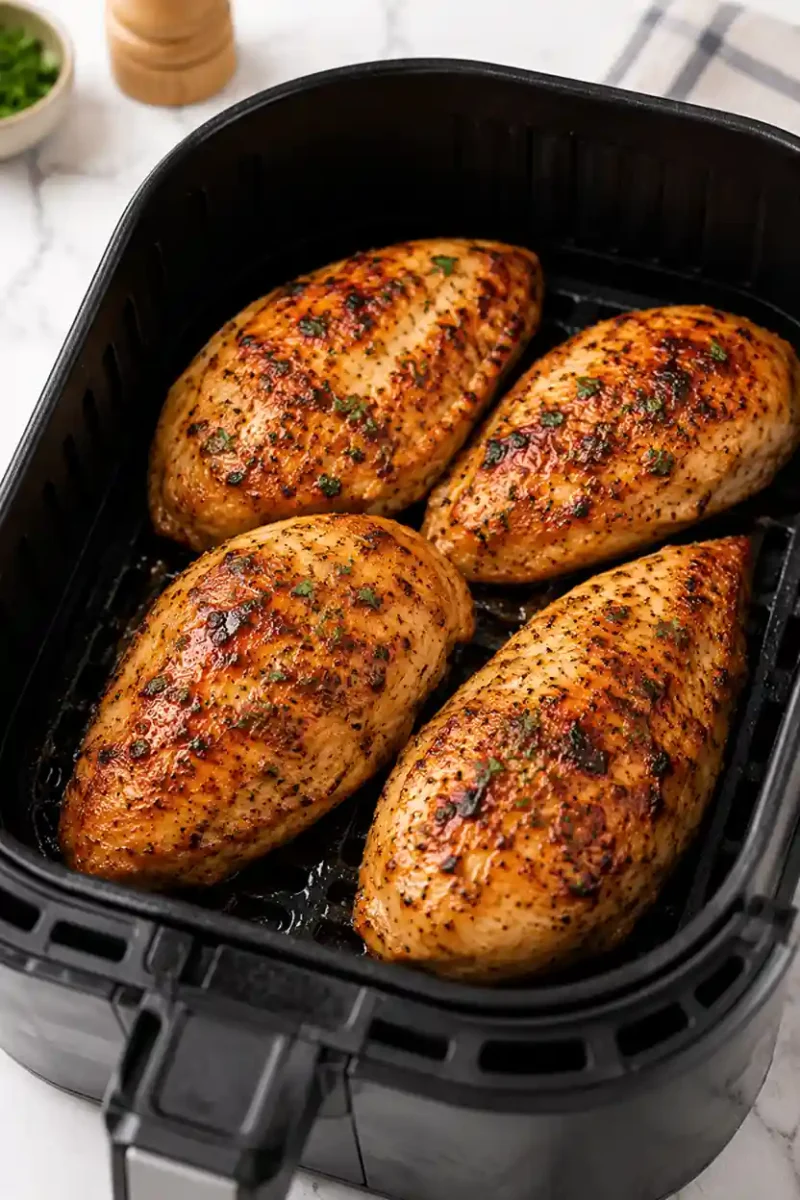 Seasoned chicken breasts cooking inside an air fryer basket