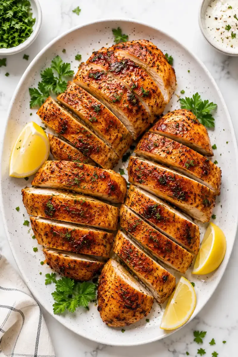 Overhead view of sliced grilled chicken breasts with lemon wedges and fresh herbs