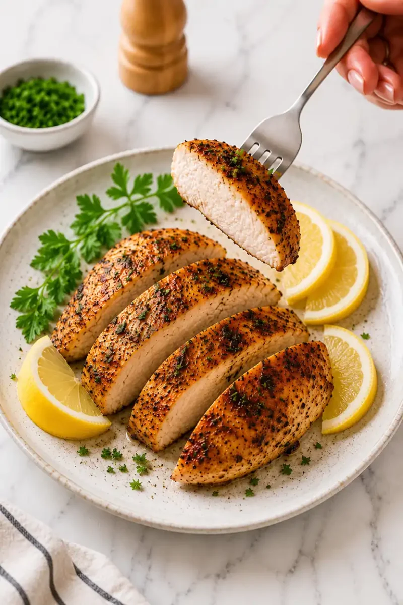 Juicy sliced chicken breast served with lemon wedges on a plate