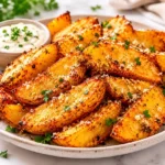 Garlic parmesan potato wedges with crispy golden edges served with creamy dipping sauce