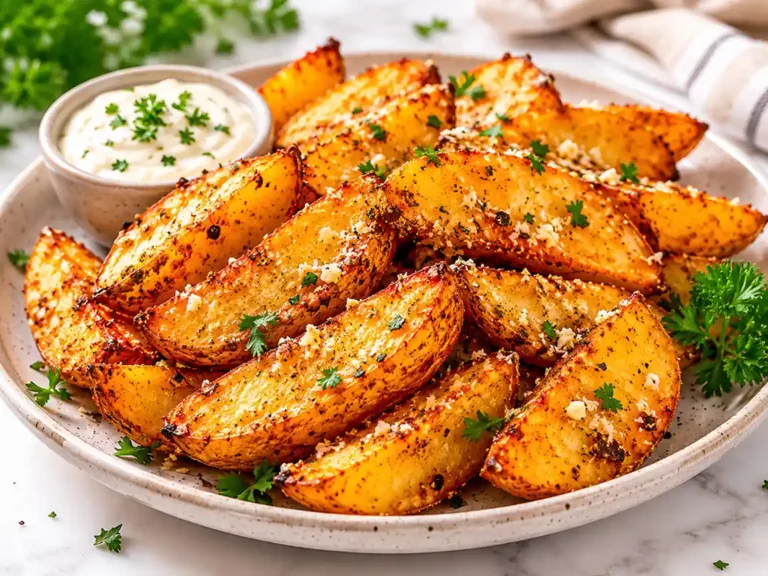 Garlic parmesan potato wedges with crispy golden edges served with creamy dipping sauce