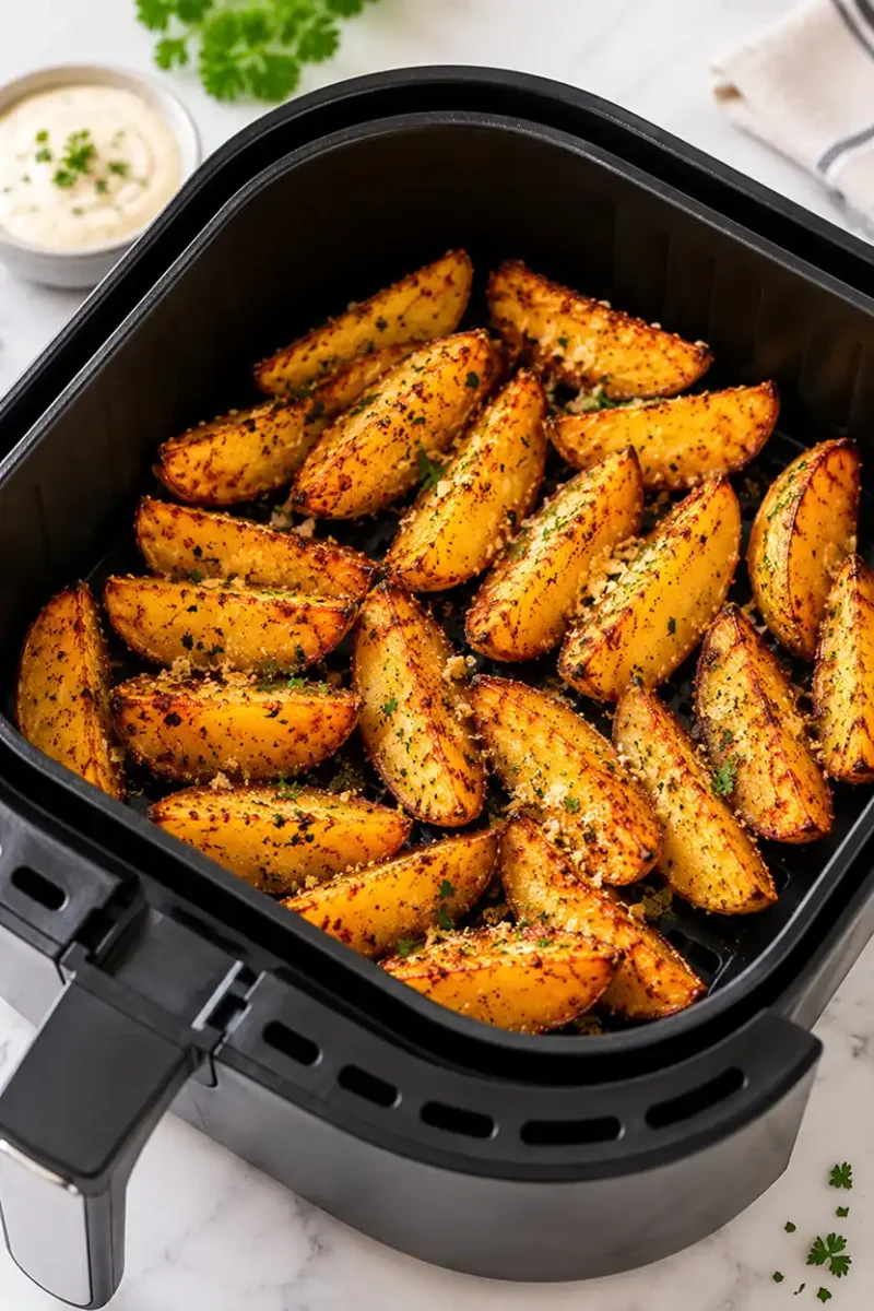 Air fryer garlic parmesan potato wedges with herbs inside an air fryer basket