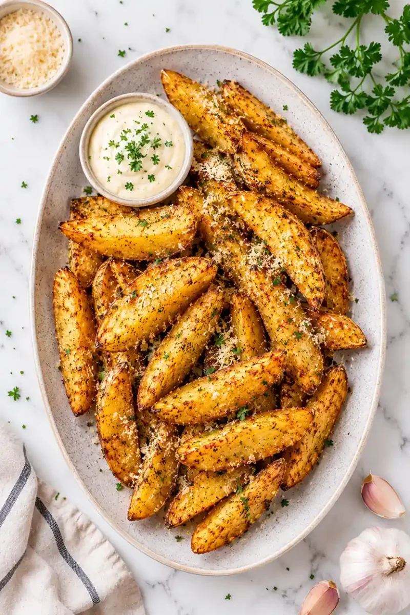 Overhead view of garlic parmesan potato wedges with creamy dipping sauce on a serving platter