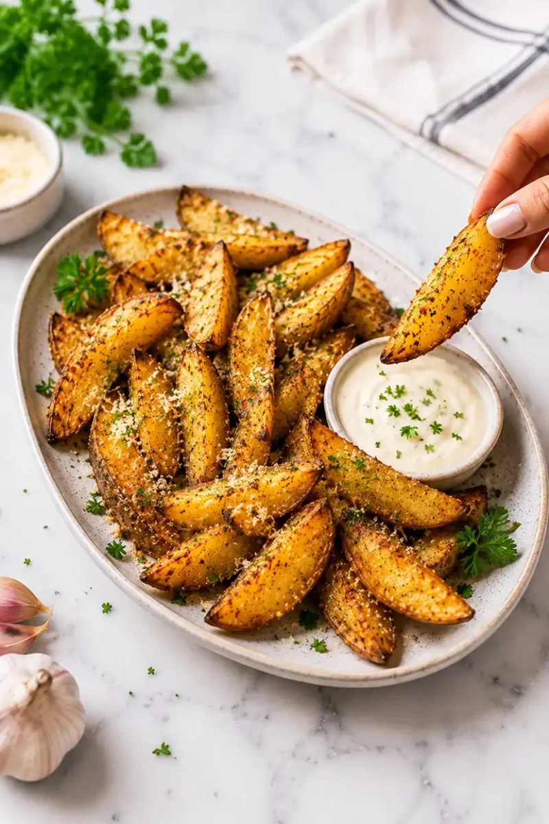 Hand dipping crispy garlic parmesan potato wedges into creamy sauce on a plate