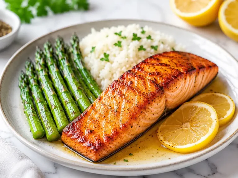 Grilled salmon fillet served with asparagus, white rice, and lemon slices on a plate