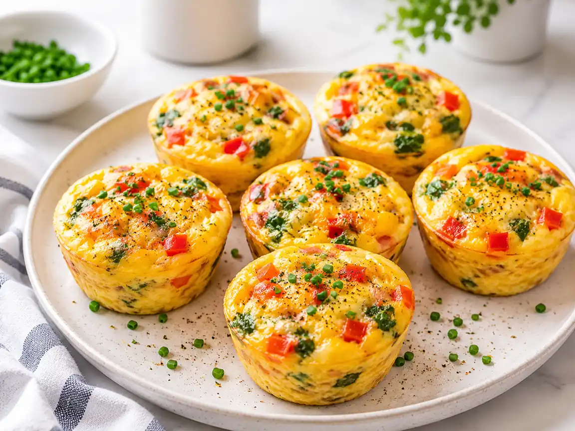 Egg muffins with spinach, cheese, and bell peppers served on a plate