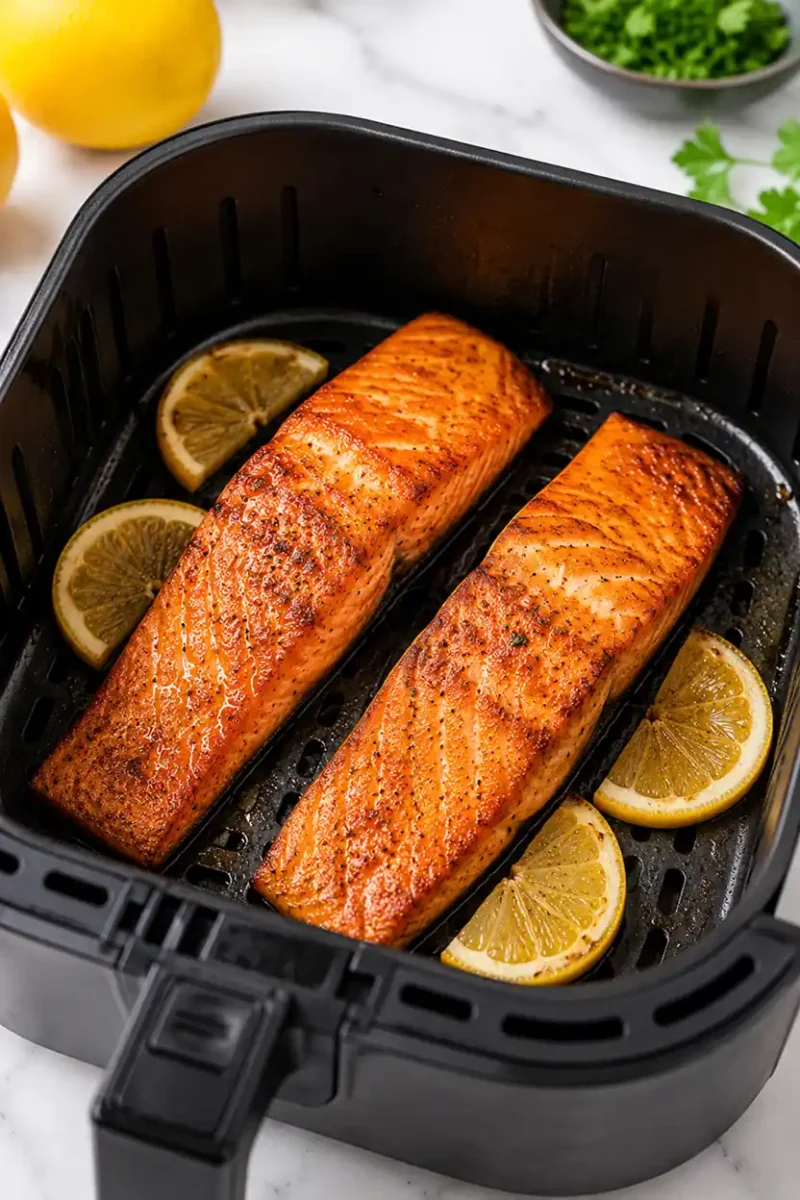 Seasoned salmon fillets cooking inside an air fryer with lemon slices