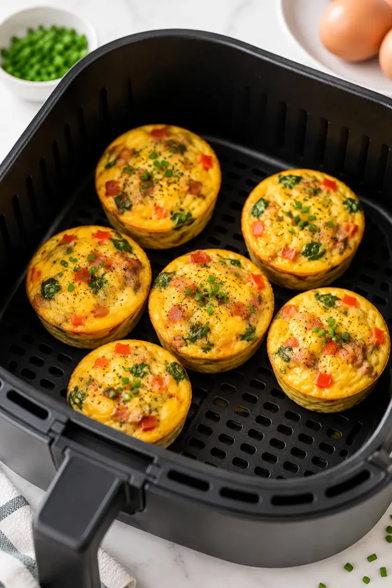 Air fryer egg muffins with spinach and bell peppers inside an air fryer basket