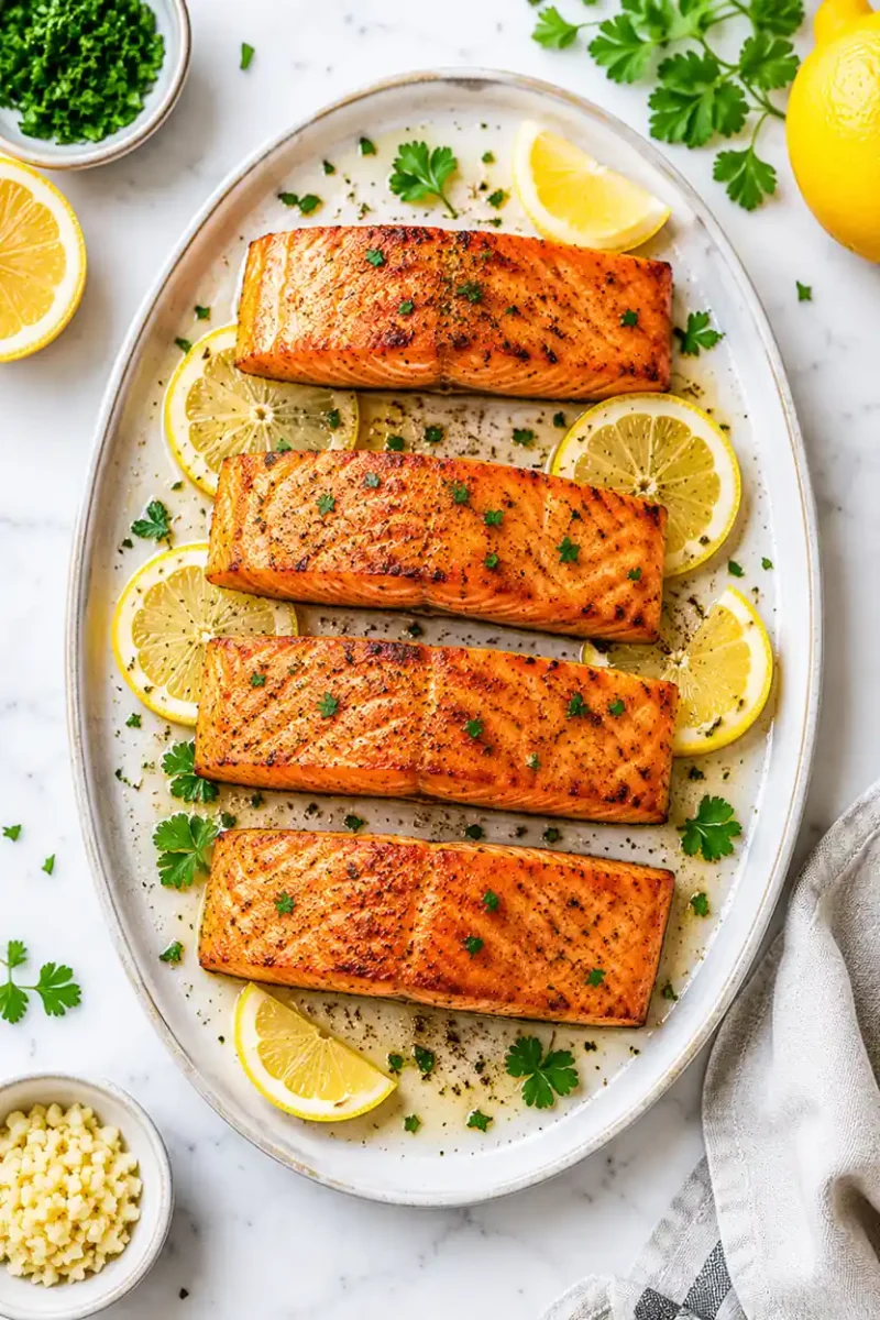 Overhead view of grilled salmon fillets with lemon slices and fresh herbs on a serving platter