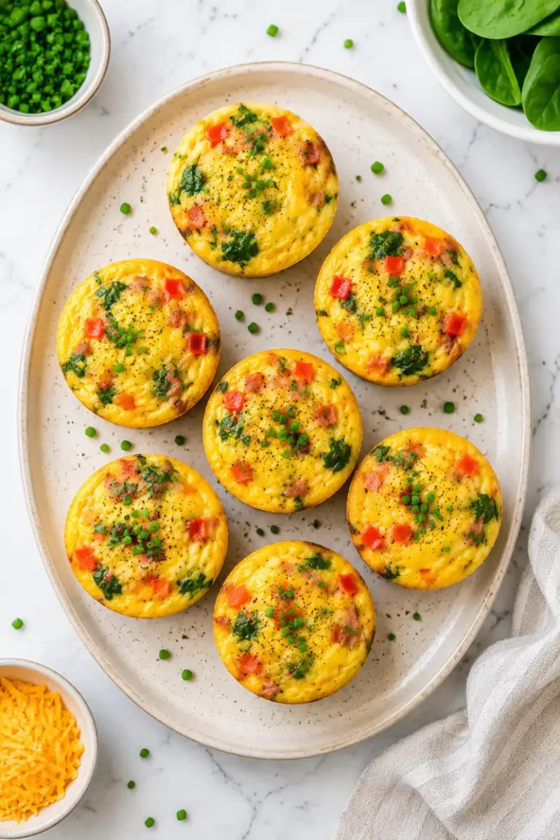 Overhead view of vegetable egg muffins with spinach, cheese, and peppers on a serving platter