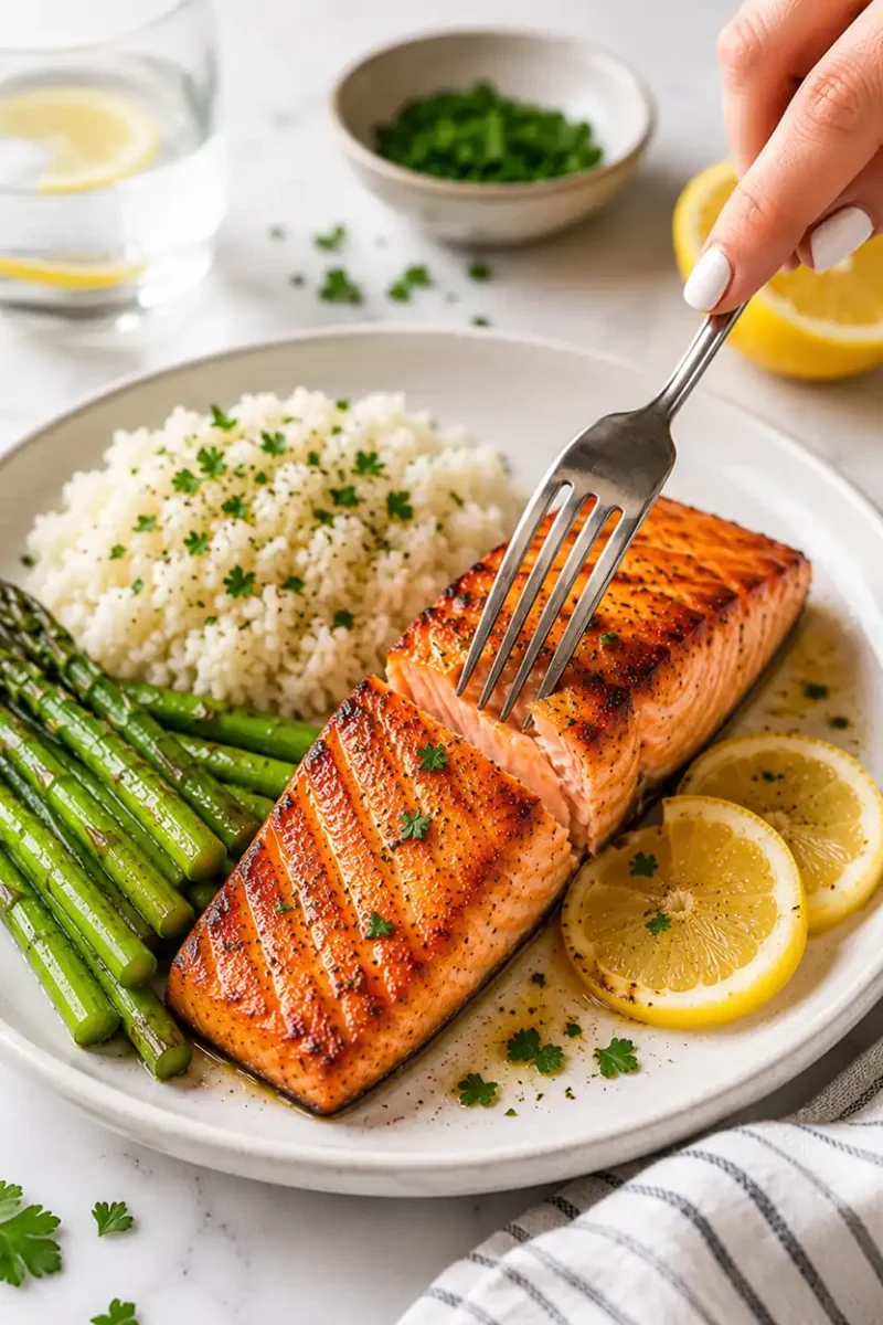 Juicy grilled salmon fillet served with asparagus, rice, and lemon wedges