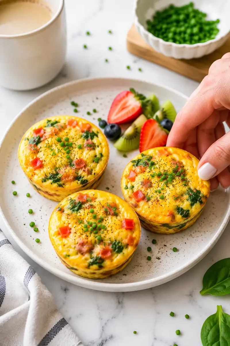 Hand picking up a healthy egg muffin with spinach and bell peppers from a plate