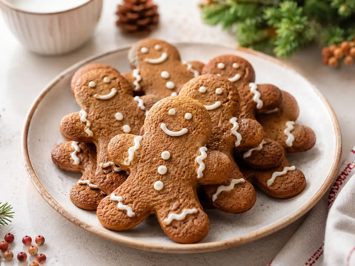 Gingerbread cookies with white icing decorations served on a festive holiday plate