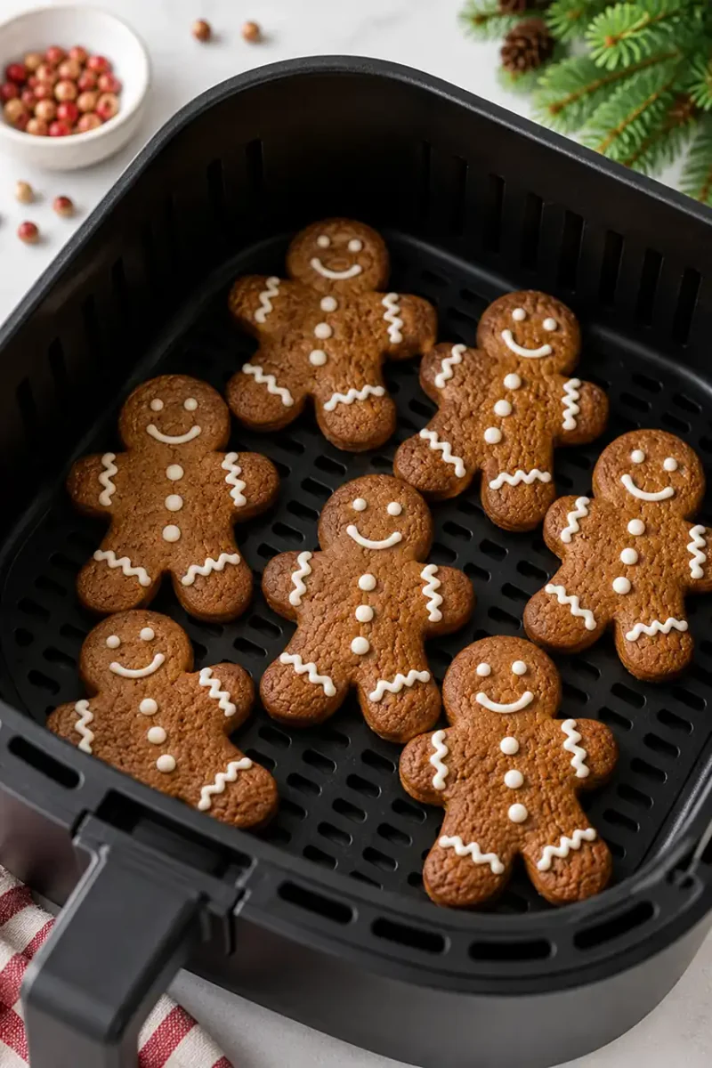 Air fryer gingerbread cookies with icing decorations inside an air fryer basket