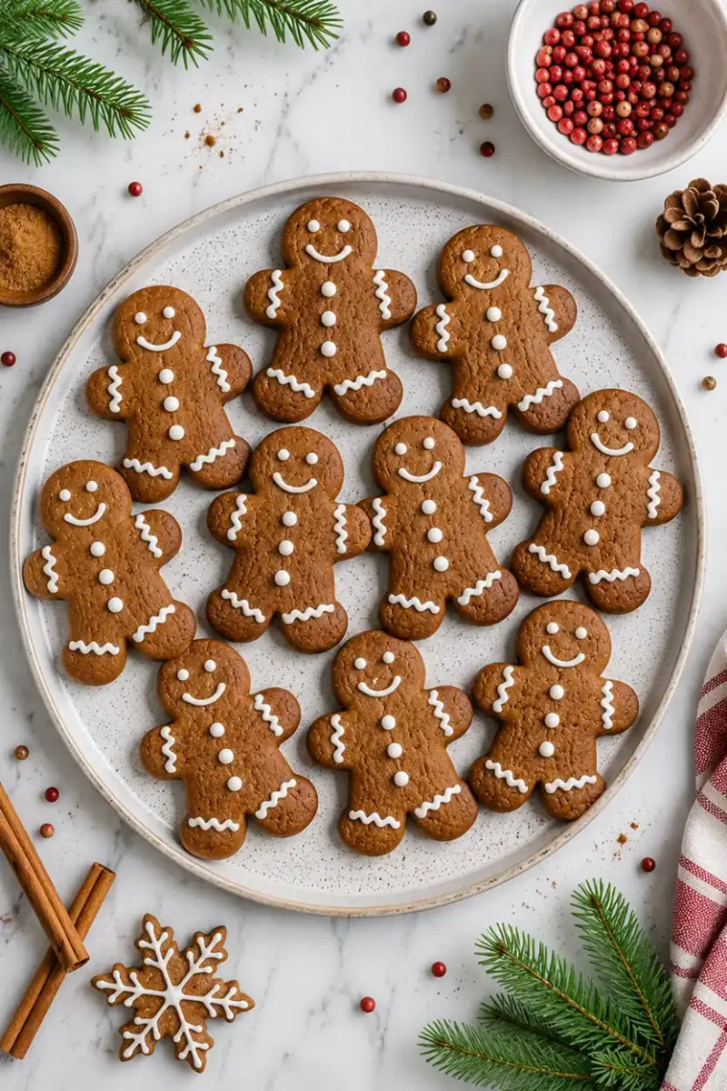 Overhead view of gingerbread man cookies with white icing on a holiday serving plate