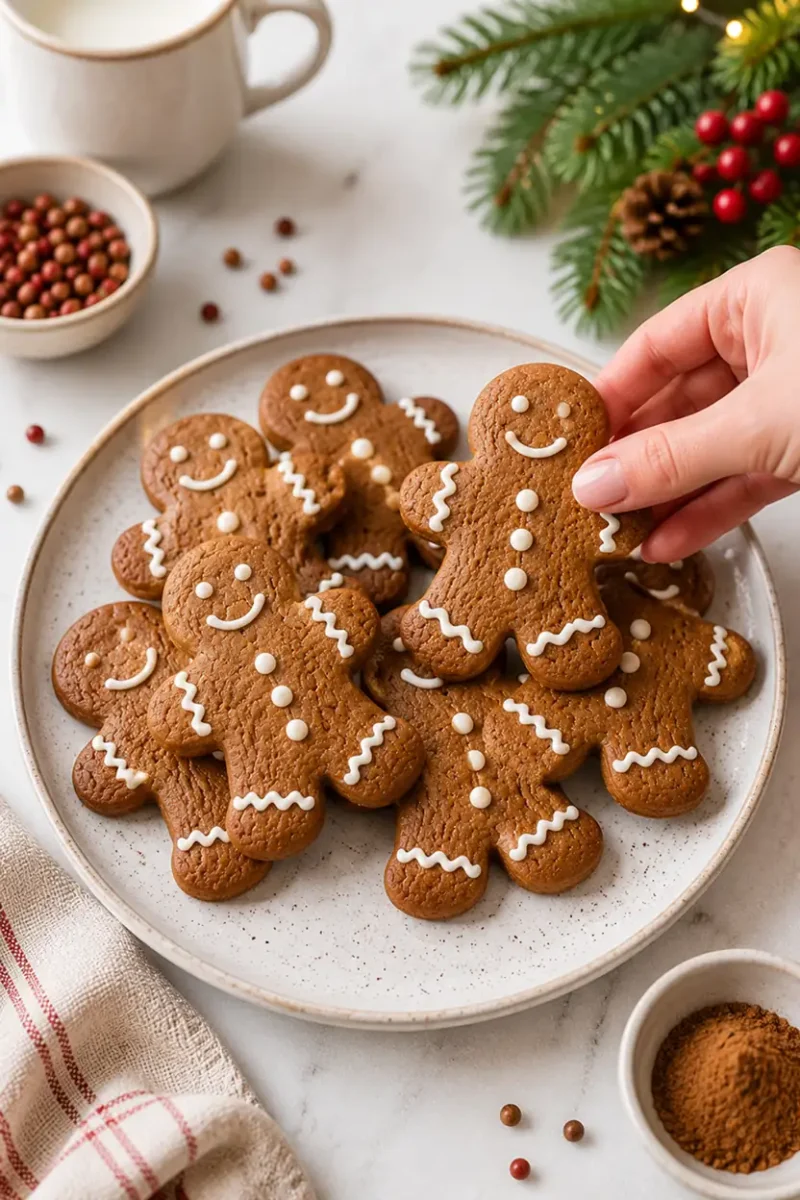 Hand picking up a gingerbread cookie with icing decorations from a festive plate