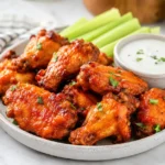 Buffalo chicken wings served with celery sticks and creamy ranch dipping sauce